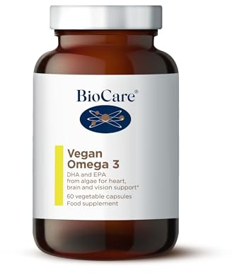 BioCare Vegan Omega-3 | Vegetable Capsules | DHA and EPA from Algae for Heart, Brain and Vision Support | Food Supplement | Suitable for Vegetarians and Vegans | 60 Capsules
