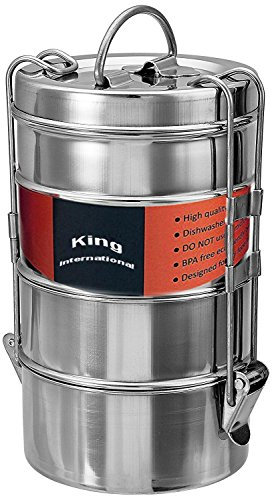 King International Metal, Stainless Steel Wire 4Tier Bento Indian Tiffin Box, Lunch Box 14.4 cm (4 Tier)