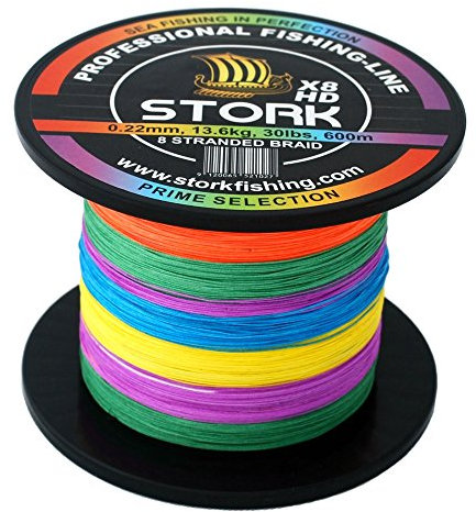 Stork HDx8, 8-Fach geflochtene premium Angelschnur 600m (Multicolor, 20 lbs / 9.1 kg / 0.18 mm)