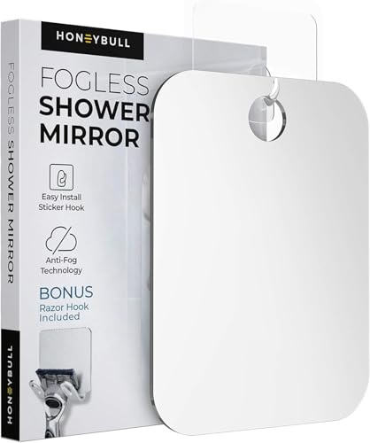 HONEYBULL Fogless Shower Mirror for Shaving – Anti-Fog Acrylic Mirror with Razor Holder, No-Drill Wall Mount, Flat Design for Steam Showers, Medium 6x8in
