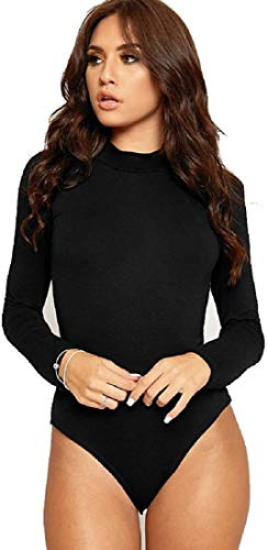 GirlzWalk Women Turtle Neck Bodysuit Plain Long Sleeve Ladies Stretch Leotard Top (Black, ML)