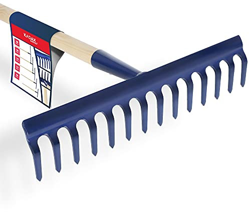 Rastrillo KADAX, rastrillo Ancho con Cabeza Reforzada, Escoba de Hojas de Metal, rastrillo de Hojas con Mango Largo de Madera, Herramienta de jardín para desherbar, rastrillo de jardín para céspedes