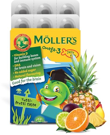 Moller’s ® | Omega 3 Pour Enfants | Huile de Poisson Omega 3 Avec DHA et EPA, Sans Gluten, Lactose ni Sucre Ajouté, et Facile à Mâcher | Saveur de Tutti Frutti | 36 Unités
