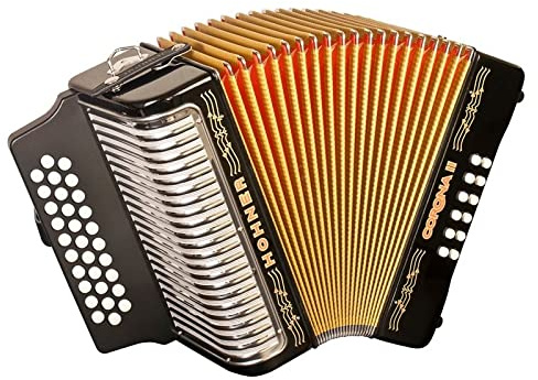 ACORDEONES DIAT. BOTONES. HOHNER Acordeon de botones diatonico CORONA II GCF, BLACK LACQUERED.