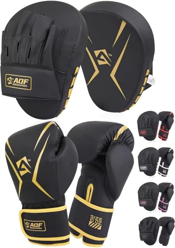 AQF Kit Boxeo, Guantes con Manoplas, Kickboxing MMA Muay Thai Entrenamiento | Rango de 8 a 16 OZ, Guantillas de Entrenamiento, Paos Curvos, Boxing Gloves & Focus Pads Set, Artes Marciales Training