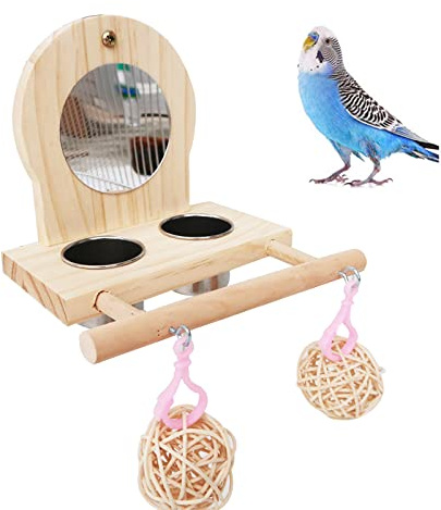 Joyeee Bird Mirror with Stainless Steel Feeding & Watering Cup, Perch and Training Toys - Small Rattan Balls for Budgies, Parakeets, Lovebirds and Finch Canaries