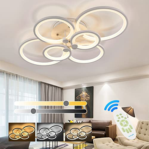 XEMQENER Dimmable LED Ceiling Light for Living Room, Flush Mount Lighting Fixture Remote Control, Acrylic Chandelier for Bedroom Lounge (6 White Rings, 2800-6000K)