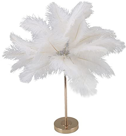 Fockety Lampe de Table Plume Blanche, Interrupteur Tactile 3 Couleurs Gradation sans Fil USB 30pcs Lampe Plume D'Autruche, Lampe de Table de Chevet, Veilleuse de Bureau avec Base