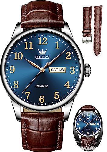 OLEVS Watch Men, Mens Watches with Leather Band Brown Mens Leather Watch Classic Large Face Waterproof Dress Analog Luxury Day Date Easy Read Men's Wrist Watches Arabic Numbers Relojes para Hombres