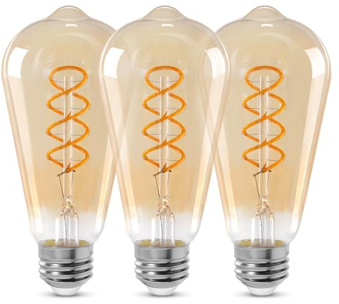 Decoaui ST64 LED E26 Vintage Edison Light Bulbs, Light Amber Glass, Dimmable, 4W(40W Equivalent) 300 Lumens, 2500K Warm White, Spiral Filaments Design, Antique Style, 25000 Hrs, 3-Pack