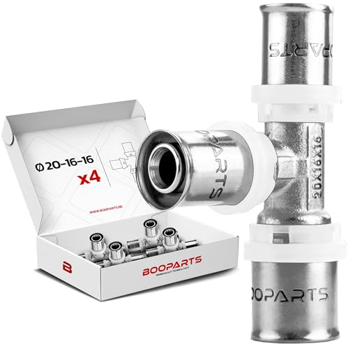 BOOPARTS – 4 st – Presst-T-koppling reducerad Ø20–16–16 mm | Multilager reducerad T-koppling TH-profil | Robust mässing för PEX, PER och kompositrör
