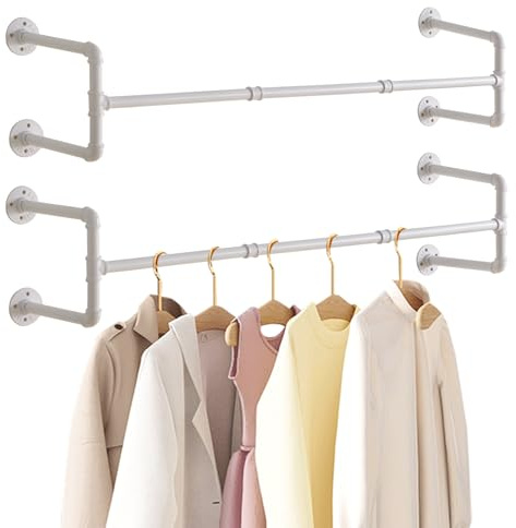 IBUYKE - Barra para ropa de pared, 127 cm, juego de 2, metal para ropa de pared, capacidad de carga de 60 kg, extraíble barra de armario de pared para colgar ropa, blanco TYJ002W-2