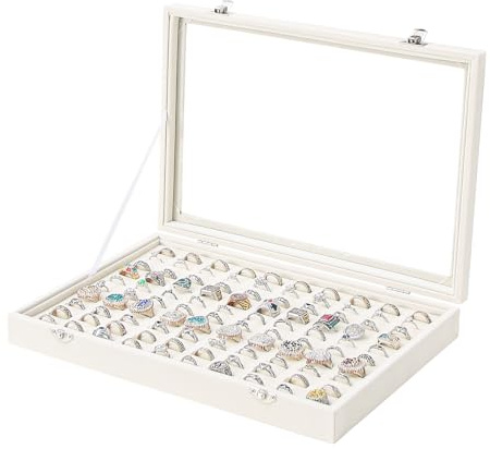Coward Ring Organizer Schmuckbox, Beige Samt mit 100 Fächern, Ring-Display-Aufbewahrungsbox mit transparentem Glasdeckel für den Heimgebrauch oder den Verkauf im Geschäft