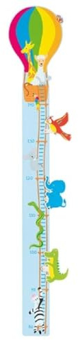 goki 60663 - Messlatte Reise um die Welt Holz, 80-140cm für Kinder inkl. 3 Tiermotiven zum anklemmen, bunter Ballon mit Leiter Schlange, Krokodil, Vogel, Elefant, Wachstumsmesser, 4er Set, ab 1 Jahr