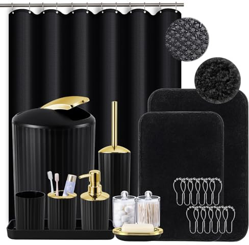 XLHOMO Black Bathroom Accessories Set Complete with Shower Curtain and Rugs