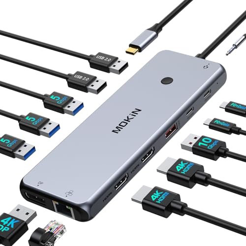 USB C Docking Station Dual Monitor 2 HDMI Adapter Laptop Dock 3 Monitors with Dual 4K HDMI, DisplayPort, Triple Display with 100W PD, 10Gbps USB C & 6 USB Ports, Ethernet, Audio for Dell, HP, MacBook