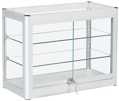 My Shopfittings Lockable Aluminium Glass Countertop Display Cabinet with 2 Shelves | Sliding Door Showcase for Retail, Jewelry, and Collectibles | Secure Countertop Display (Silver)