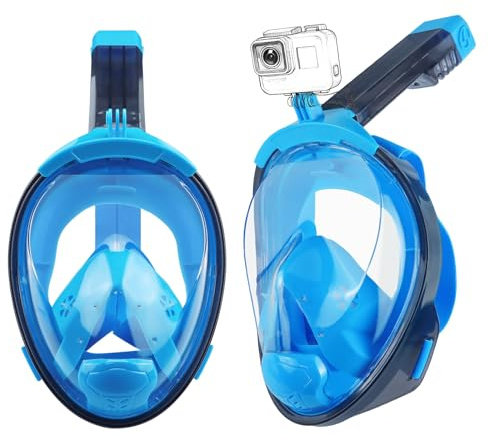 Aischens Máscara de Buceo Adultos, 180° Panorámica Máscara de Snorkel Integral con Soporte de Cámara, Anti-Vaho Anti-Fuga, Máscara de Cara Completa para Esnórquel, Máscara para Snorkeling (Azul)