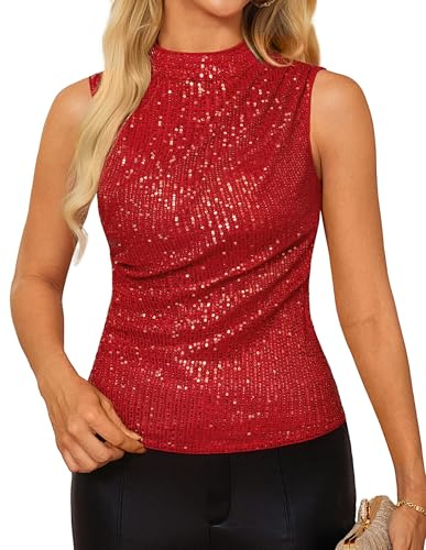 GRACE KARIN 2025 Ladies Fashion Stand Collar Sequin Tops Spring Fall Sleeveless Sparkly Sequined Blouses Red M
