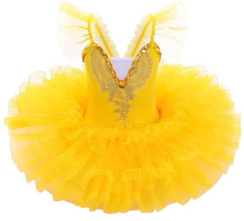 IDOPIP Robe de Ballet Tutu Fille: Tutu Danse Classique Fille Justaucorps Gymnastique Léotard Costume de Ballerine - Vêtements Danse Ballet Performances Jaune 160