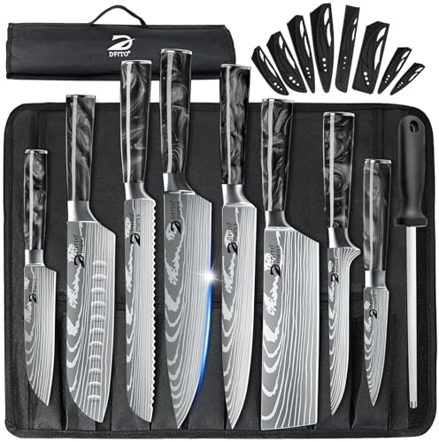 Dfito Chef Knife Sets with Roll Bag, 9 Pieces Professional Knife Set with Sharpener, High Carbon Stainless Steel Kitchen Knife Set with Black Resin Handle, Dishwasher Safe, Chef Gifts
