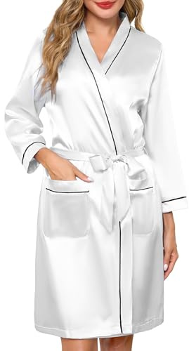 Sopesil Accappatoio Donna in Raso Kimono Corto da Donna Vestaglia Sposa con Scollo a V e Tasche Laterali Abito Camicia da Notte Festa Matrimonio Bianco M