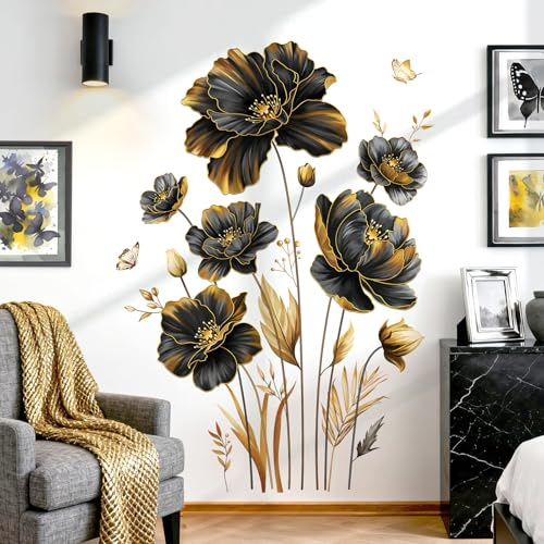 decalmile Adesivi Murali Grande Oro e Nero Fiori Adesivi da Parete Fiore Farfalle Floreali Decorazione Murale Camera da Letto Soggiorno Cucina
