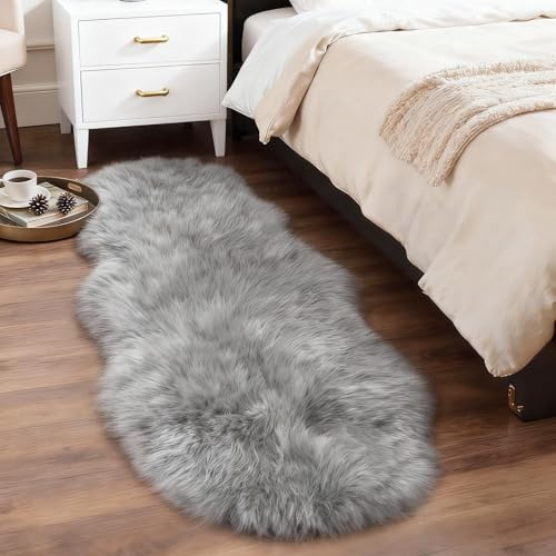 Fluffy Faux Sheepskin Rug - Faux Fur Rugs - 60x120cm Faux Sheepskin Throw Small Rugs, Washable Non Slip Soft Shaggy Area Rugs, Grey Fluffy Fur Rug for Bedroom Living Room Sofa Floor Decor (Grey)