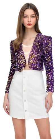 Paljettjacka dam kort glitter blazer elegant långärmad bomberjacka nattklubb disco glitterjacka metallisk glänsande kostymjacka karneval party outfit karneval kostym 2026, lila, one size