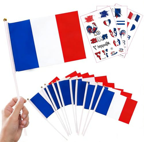 HAPZUR Lot de 10 Petits Drapeaux Français avec Bâton + 3 Tatouages Football pour Supporters, Fête Nationale, Coupe du Monde, Euro, JO & Événements Sportifs.