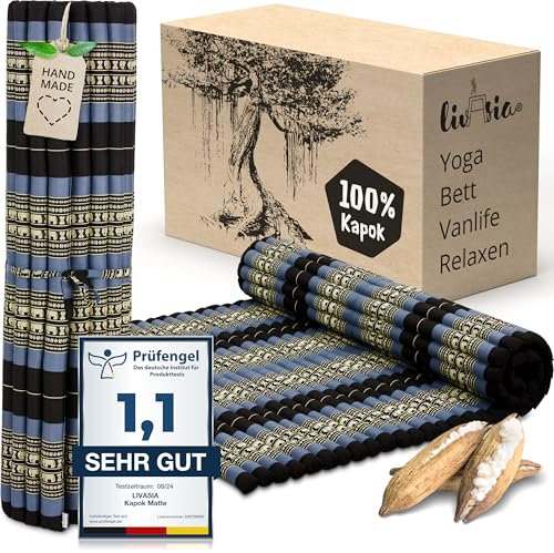 livasia Rollmatte XXL breit Doppelbett - 200x145x4,5cm - Gästebett Gästematratze 2 Personen mit Muster, Reisebett für Kofferraum und outdoor, Thaimatte Kapok Garten und Balkon (Blau/Elefanten)