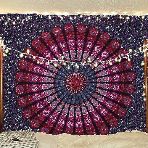 Bless International Indian hippie Bohemian Psychedelic Peacock Mandala Wall hanging Bedding Tapestry (Purple Pink, 228.60L X 213.36W cm)