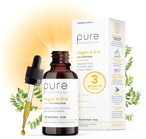 Pure Therapro Rx Vegan A-D-K Drops 10 Ml, Made in USA | 3 Month Supply | Vitamin A (Palmitate), Liposomal Vitamin D3 (Pureshine), Liposomal Vitamin K2 (MK-4 & MK-7) Supports Immunity & Bone Health