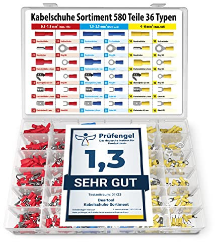 BEARTOOL® Kabelschuhe Set (580 Teile 36 Typen) Flachsteckhülsen, Flachstecker, Kabelverbinder Set, Quetschverbinderer Set, Ringkabelschuhe