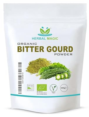Herbal Magic's Organic Bitter Gourd Powder-Great Green Vegetable-Also Known as Karela, Bitter Melon,Balsam-pear. Free from Fillers & Preservatives- of&G UK Organic Certified 1x200g Pack