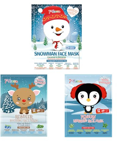 7th Heaven Winter Wonderland Face Mask Bundle with Reindeer, Penguin and Elf Design Sheet Masks to Soothe, Hydrate and Nourish Skin (Ages 8+)