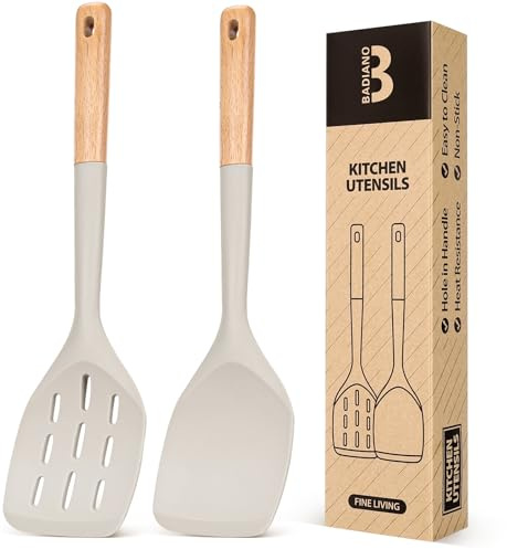 Pack of 2 Silicone Spatula, Non Stick Cooking Utensil Set Wooden Handle Kitchen Turner for Baking Mixing Grilling Serving Food Heat Resistant Non Scratch Hooks Included (Khaki)