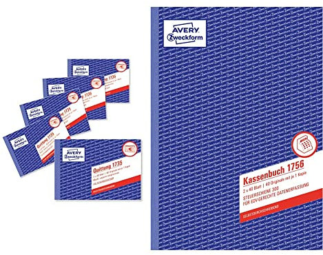 AVERY Zweckform 1735-5 Quittungsblock (A6 quer, 2x40 Blatt) 5er Pack weiß/gelb & 1756 Kassenbuch (A4, nach Steuerschiene 300, von Rechtsexperten geprüft, 2x40 Blatt) weiß/gelb