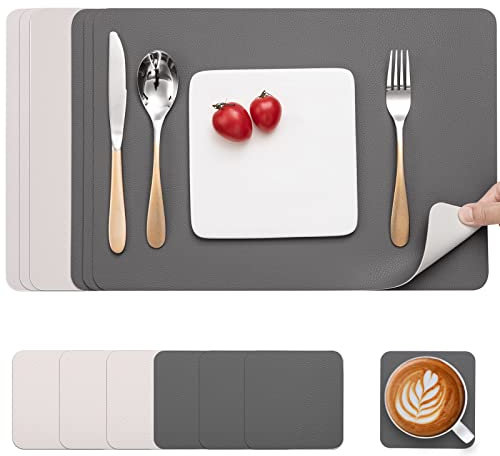 Myir JUN Tischsets Abwaschbar und Untersetzer, Platzset Leder Platzdeckchen Abwaschbar Doppelseitigen Tischsets Umkehrbares Tischset rutschfest Tischset Lederoptik (Grau Beige, Satz von 6)