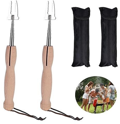 Nizirioo 2 Stück Grillspieße Grillgabel, Teleskop Schaschlikspieße Lagerfeuerspieße Grillspieß Edelstahl Holzgriff Lang Lagerfeuer Spieße Ausziehbar, Für Marshmallow Würstchen Camping(18-81cm)