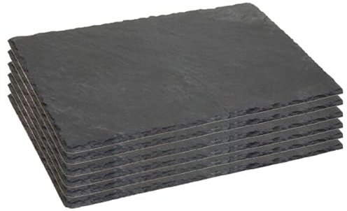 Tradineur - Pack de 6 Platos de Pizarra Rectangular, Bandeja para hosteleria, Servicio y degustación, Canto rústico, Tabla de Piedra Natural para Servir Aperitivos - 40 x 30 cm