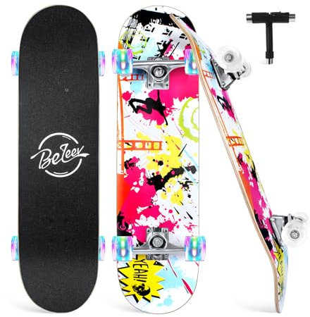 BELEEV Skateboard mit LED-Licht 31x8 Zoll Komplette Cruiser Skateboard für Kinder Jugendliche Erwachsene, 7-Lagiger Kanadischer Ahorn Double Kick Deck Concave mit All-in-one Skate T-Tool für Anfänger
