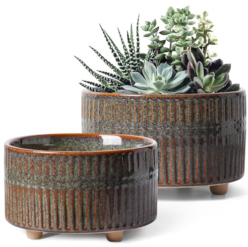 LE TAUCI Macetas para Suculentas, Maceta de Cerámica de Interior de 16,5 + 20 cm con Agujero de Drenaje, Maceta Decorativa Redonda Moderna, Regalos para Mamá, Juego de 2, Esmalte Reactivo Negro
