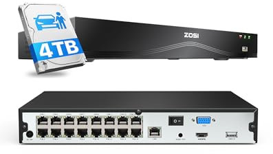 ZOSI 16CH 4K 8MP H.265+ CCTV Grabador NVR PoE para Kit Cámaras de Vigilancia Seguridad, con 4TB Disco Duro para Grabación 24/7, Alarma de Movimiento, Acceso Remoto