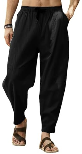 CheChury Pantalones de Lino para Hombre Pantalon de Jogging Pants Casuales de Verano con Bolsillos Pantalones Holgados con Cordón Pantalon Cómodos y Ligeros Pantalone Transpirables de Verano