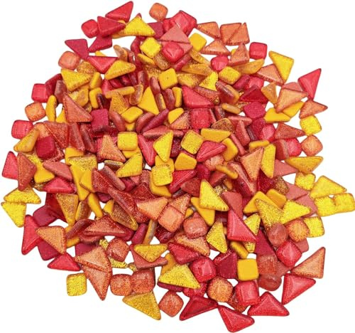 500 g zufällige unregelmäßige Glitzer-Glänzende Glas-Mosaikfliesen zum Basteln, Großpackung, Set für Tassen, Bilderrahmen, Heimdekoration, DIY-Kunstprojekte (Mix Rot Gelb)
