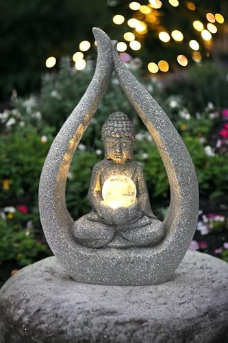 Arnusa Solar Gartendeko Buddha Skulptur Granit-Optik mit Glaskugel Moderne Solarlampe 30x15x46 cm abstrakt Outdoor