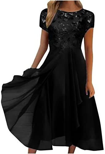 Vestito Lungo Elegante Donna Estivo - Abito Cerimonia in Pizzo Maniche Medie, Vita Alta, alla Moda per Festa, Compleanno, Nozze, Damigella