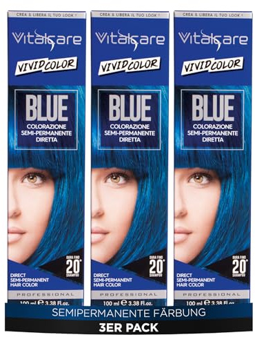 Vitalcare | Vivid - Colorazione Semipermanente Professionale, Tinta Colorante Capelli, Tintura Capelli Diretta, Durata Fino a 20 Lavaggi, Capelli Morbidi e Idratati, Colore Blu, Multipack 3 pz x 100ml