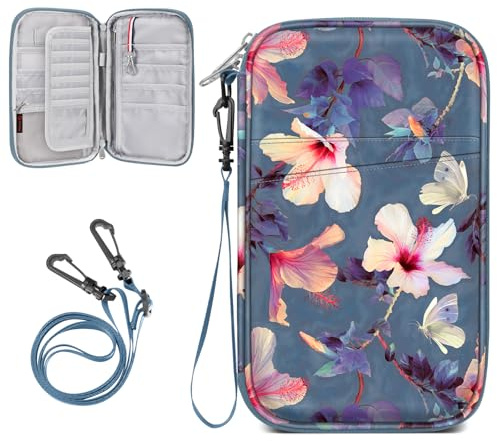 FINTIE Pochette Passeport Familial avec 6 Emplacement de Passeport, Etui de Voyage Grande Capacité, Portefeuille Organisateur avec Blocage RFID pour Cartes de Crédit, Fleur Hibiscus